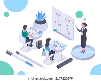 Isometric school lesson, students and teacher. Study process, teacher with green chalkboard vector illustration. Exact sciences school lesson