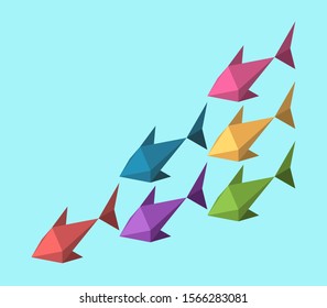 Isometric school of multicolor fish. Teamwork, diversity, tolerance, cooperation, individuality and creativity concept. Flat design. EPS 8 vector illustration, no transparency, no gradients