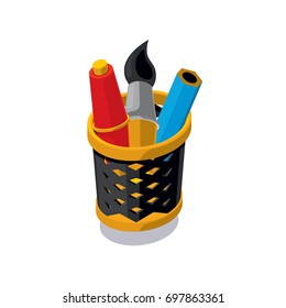 Isometric school pencil holder icon