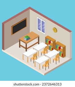isometric school room test vector design illustration