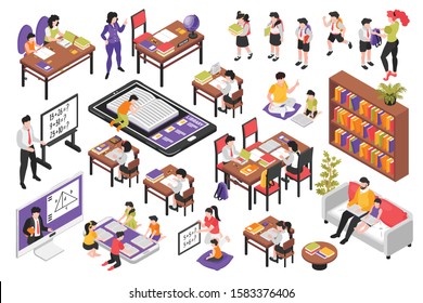 Isometric school set with isolated human characters of young pupils teachers with classroom furniture and books vector illustration