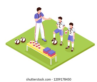 Isometric school sport kids composition with human characters of adult trainer and two boys in uniform vector illustration