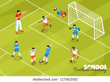 Isometric School Sport Kids Team Football Composition With Soccer Field And Coach With Children Playing Footy Vector Illustration