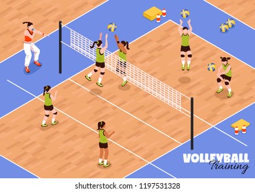 Isometric school sport kids team volleyball background with view of young female athletes during sports match vector illustration