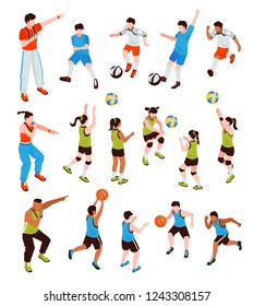 Isometric School Sport Kids Team Coach Set Of Isolated Human Characters With Team Members And Trainers Vector Illustration