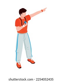 Isometric school sport kids team coach composition with isolated human character in sportswear on blank background vector illustration