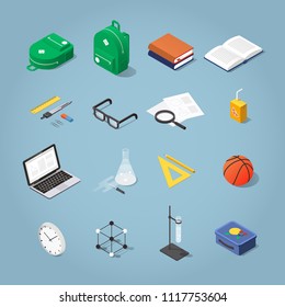 Isometric School Student Vector Icon Set: Backpacks, Books, Stationery, Glasses, Papers, Juice, Laptop, Test-tube, Basketball, Clocks, Atomic Lattice Model And A Lunch Box. School Kid Objects.