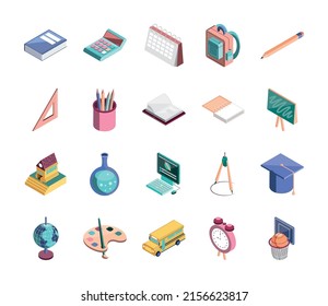 isometric school supplies icons set