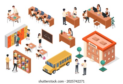 Isometric school. Teacher at blackboard, pupils sitting at desks. School building and bus, classroom furniture. Teachers and students vector set. Pupils hiding books into lockers, reading in library