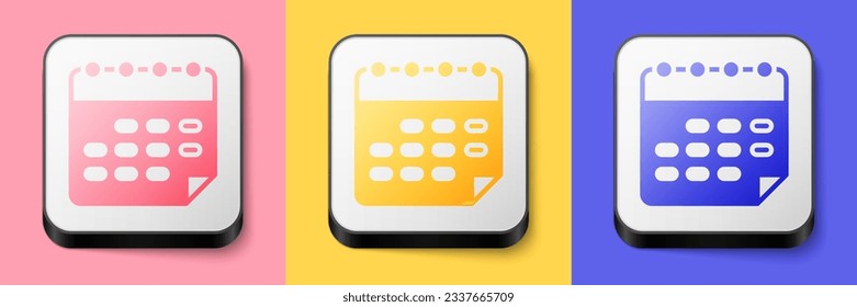 Icono de horarios de escuela isométrica aislado en fondo rosa, amarillo y azul. Botón cuadrado. Vector