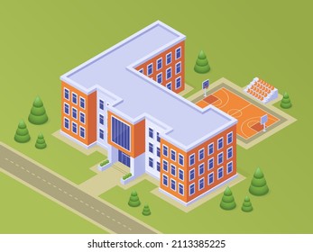 Isometric School Or University Building With Basketball Stadium On Schoolyard, Road, Green Lawn And Trees. Educational Modern Campus For Students, City Low Poly Architecture 3d Vector Illustration