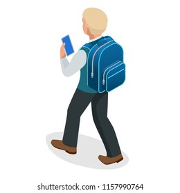 Isometric schoolboy goes with a backpack and looks into a smartphone.