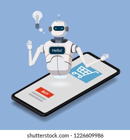 Isometric Science Chat bot, smartphone concept. On line store, shopping, assistent, sale, e-commerce. Artificial Intelligence, Knowledge Expertise Intelligence Learn. Web Page Element Of Website Or