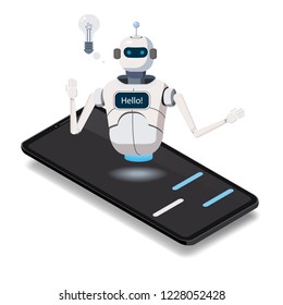 Isometric Science Chat bot, smartphone concept. On line store, shopping, assistent, sale, e-commerce. Artificial Intelligence, Knowledge Expertise Intelligence Learn. Web Page Element Of Website Or