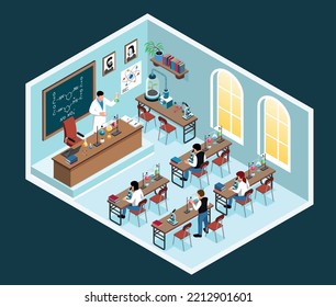 Isometric science class isolated composition with classroom scenery and school teacher of chemistry with test tubes vector illustration