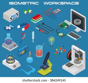 Isometric science concept with 3D design, electronics and chemistry equipment. 