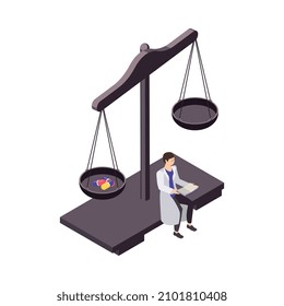 Isometric science icon with tiny scientist and capsules on scales 3d vector illustration
