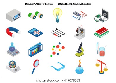 Isometric Science Icons With 3D Design, Electronics And Chemistry Equipment