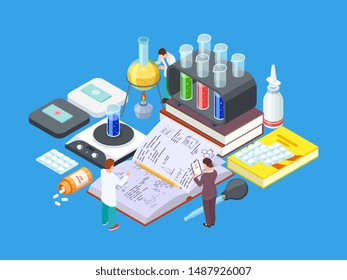 Isometric science lab. Vector medical research concept. Pharmaceutical industry, drug development