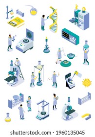 Isometric science laboratory color icon set with instruments from the science lab staff microscopes and devices for experiments vector illustration