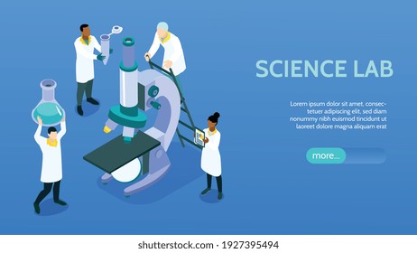 Isometric science laboratory horizontal banner with science lab headline and more button vector illustration