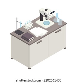 Isometric Science Laboratory Interior Workplace With Glassware Microscope And Papers On Desk 3d Vector Illustration