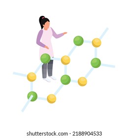 Isometric Science Research Icon With Female Scientist And Molecule Structure 3d Vector Illustration