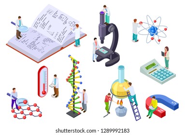 Isometric Science Set. Scientist And Student With Huge Chemistry And Physics Lab Equipment. Science Laboratory Education 3d Vector Set