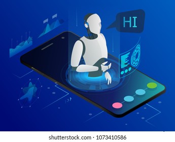 Isometric Science teacher bot concept. Artificial Intelligence, Knowledge Expertise Intelligence Learn. Technology and engineering. Online training banner.