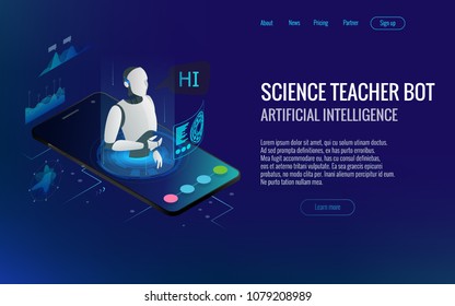 Isometric Science teacher bot concept. Artificial Intelligence, Knowledge Expertise Intelligence Learn. Technology and engineering. Online training banner