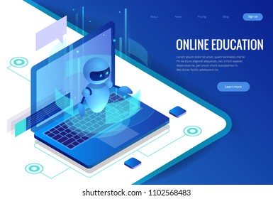 Isometric Science teacher bot concept. Artificial Intelligence, Knowledge Expertise Intelligence Learn. Technology and engineering. Online training banner.