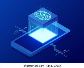 Isometric Science teacher bot concept. Artificial Intelligence, Knowledge Expertise Intelligence Learn. Technology and engineering. Online training banner