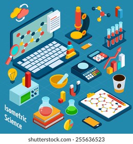 Concepto de ciencia isométrica en el lugar de trabajo con la computadora y la química 3d e iconos de física ilustración vectorial