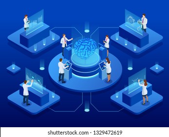 Isometric scientific development of Artificial Intelligence concept. Electric brain. Laboratory researching brain. vector illustration