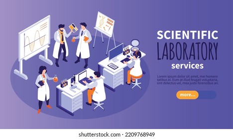 Isometric scientific laboratory banner with lab workers making researches vector illustration