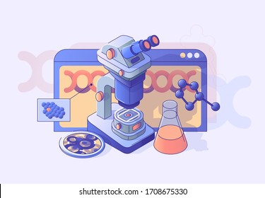 Isometric scientific laboratory equipment with microscope, tests, DNA, microbiology, biotechnology and other different elements. Illustration for pharmacy, scientific or medical industry.