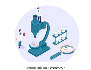 Isometric scientific laboratory experiment research chemical pharmaceutical concept. Scientists, laboratory, research, science