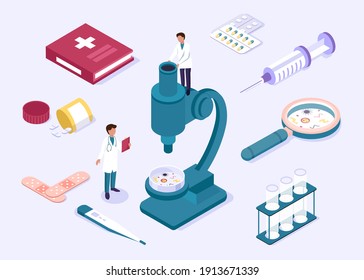 Isometric scientific laboratory experiment research chemical pharmaceutical concept. Scientists, laboratory, research, science.