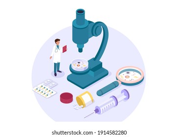Isometric scientific laboratory experiment research chemical pharmaceutical concept. Scientists, laboratory, research, science.
