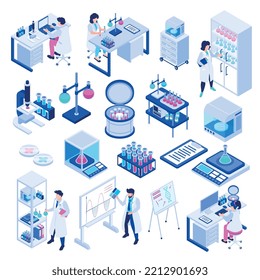 Isometric scientific laboratory icons set with scientists making experiments isolated vector illustration