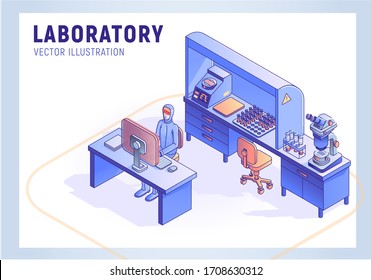 Isometric scientific laboratory interior with microscope, tests and different medical equipment. Researcher working with data. 
