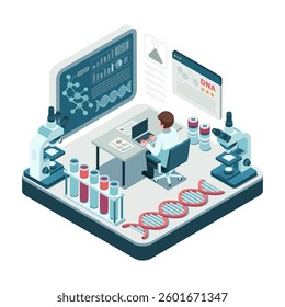 Isometric Scientist in Biotechnology Lab with DNA Research and Analysis. Biotechnology Concept