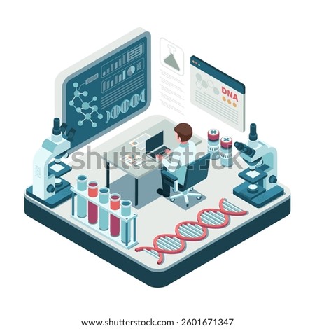 Isometric Scientist in Biotechnology Lab with DNA Research and Analysis. Biotechnology Concept