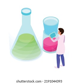 Isometric scientist carrying out science research with two flasks 3d vector illustration