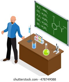 Isometric Scientist has performed a successful experiment in chemistry. Chemistry lesson making experiments. Laboratory test tubes and flasks with colored liquids on the table of elements. Vector