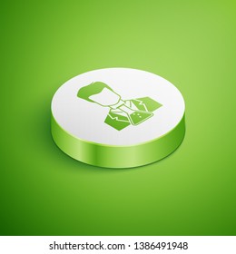 Isometric Scientist and test tube icon isolated on green background. Scientist chemist analyzes laboratory flask. White circle button. Vector Illustration