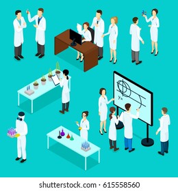 Isometric Scientists Characters Set With Chemical Physical Biological Research Experiments And Tests Isolated Vector Illustration