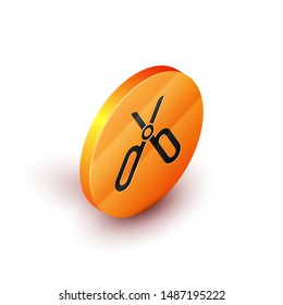 Isometric Scissors icon isolated on white background. Tailor symbol. Cutting tool sign. Orange circle button. Vector Illustration