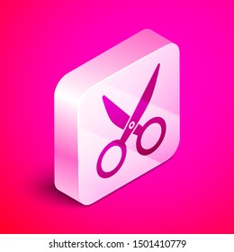 Isometric Scissors icon isolated on pink background. Cutting tool sign. Silver square button. Vector Illustration