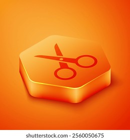 Isometric Scissors icon isolated on orange background. Cutting tool sign. Orange hexagon button. Vector Illustration